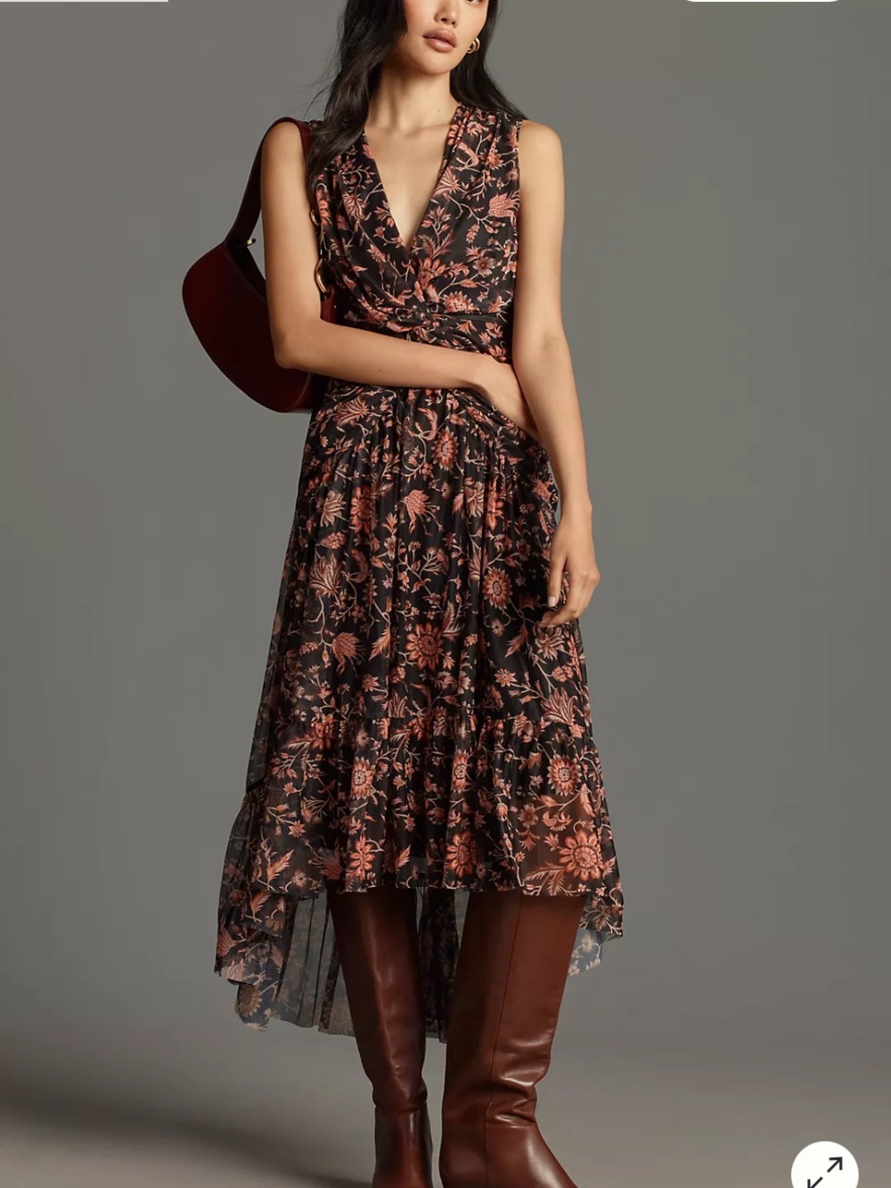 4S13NNA Anthro Twist-Front Floral Hi-Low Maxi Dress in Black and Rose. P Medium